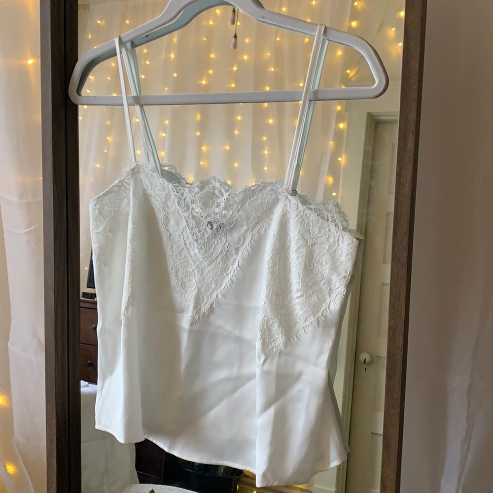 small white silk tank with lace detail